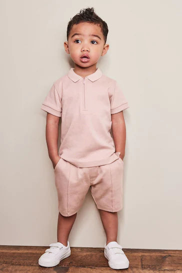 |BigBoy| Conjunto De Shorts E Camisa Polo Manga Curta Com Gola e Zíper - Pink (3 meses a 7 anos)