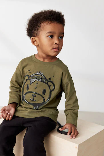 |BigBoy| Camiseta Manga Longa Com Personagens - Khaki Green Bear (3 meses a 7 anos)