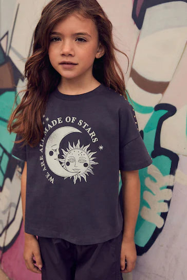 |BigGirl| Camiseta Cinza Carvão Celestial Festival Stud (3-16 anos)