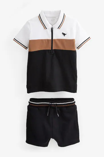 |BigBoy| Conjunto De Shorts E Camisa Polo Manga Curta Com Gola e Zíper -  Black/White Color Block(3 meses a 7 anos)