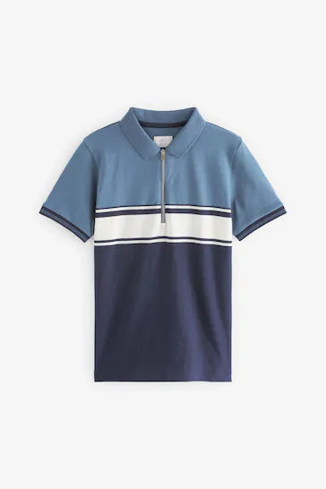|BigBoy| Polo De Manga Curta Com Gola e Zíper - Blue/White Colour Block (3-16 anos)
