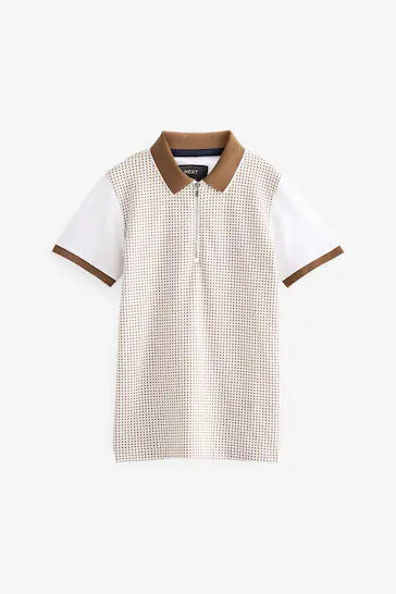 |BigBoy| Camisa Pólo Texturizada De Manga Curta Com Zíper E Gola - Tan/White (3-16 anos)
