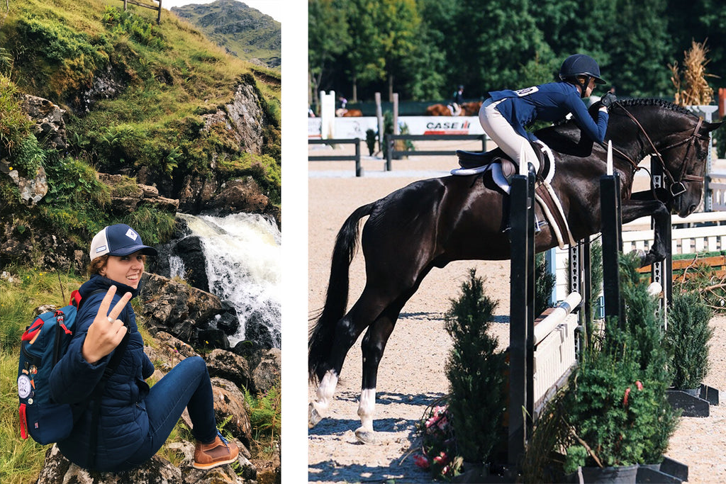 A female equestrian hikes outdoors and jumps her horse in a hunter competition