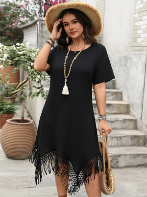 Plus Size Fringe Round Neck Short Sleeve Midi Tee Dress - React Activewear