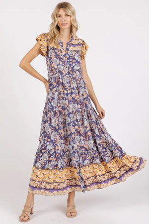 Mittoshop Floral Ruffled Notched Cap Sleeve Maxi Dress - React Activewear