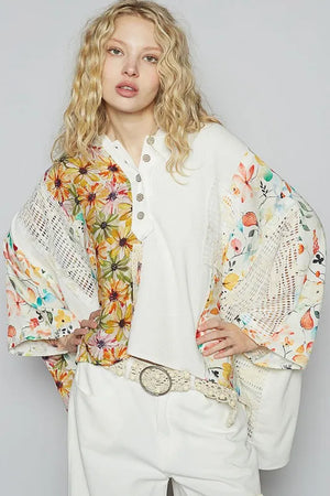 POL Crochet Patch Lace Detail Button Detail Floral Hooded Top - React Activewear