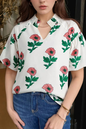 Flower Notched Short Sleeve Blouse - React Activewear