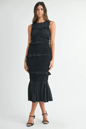 MABLE Ruffled Popcorn Smocked Mermaid Midi Dress - React Activewear