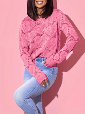 Heart Round Neck Long Sleeve Sweater - React Activewear