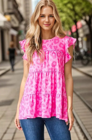 Heimish Full Size Tiered Leopard Round Neck Blouse with Ruffled Detail Plus Size - React Activewear