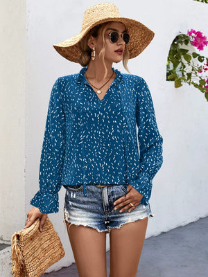 Ruffled Printed Tie Neck Long Sleeve Blouse - React Activewear