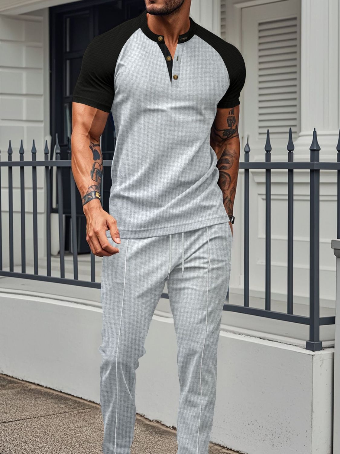 Men's Full Size Waffle-Knit Contrast Top and Drawstring Pants Set Plus Size