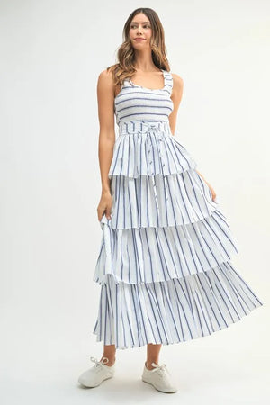 MABLE Pin Stripe Smocked Bodice Layered Midi Dress - React Activewear