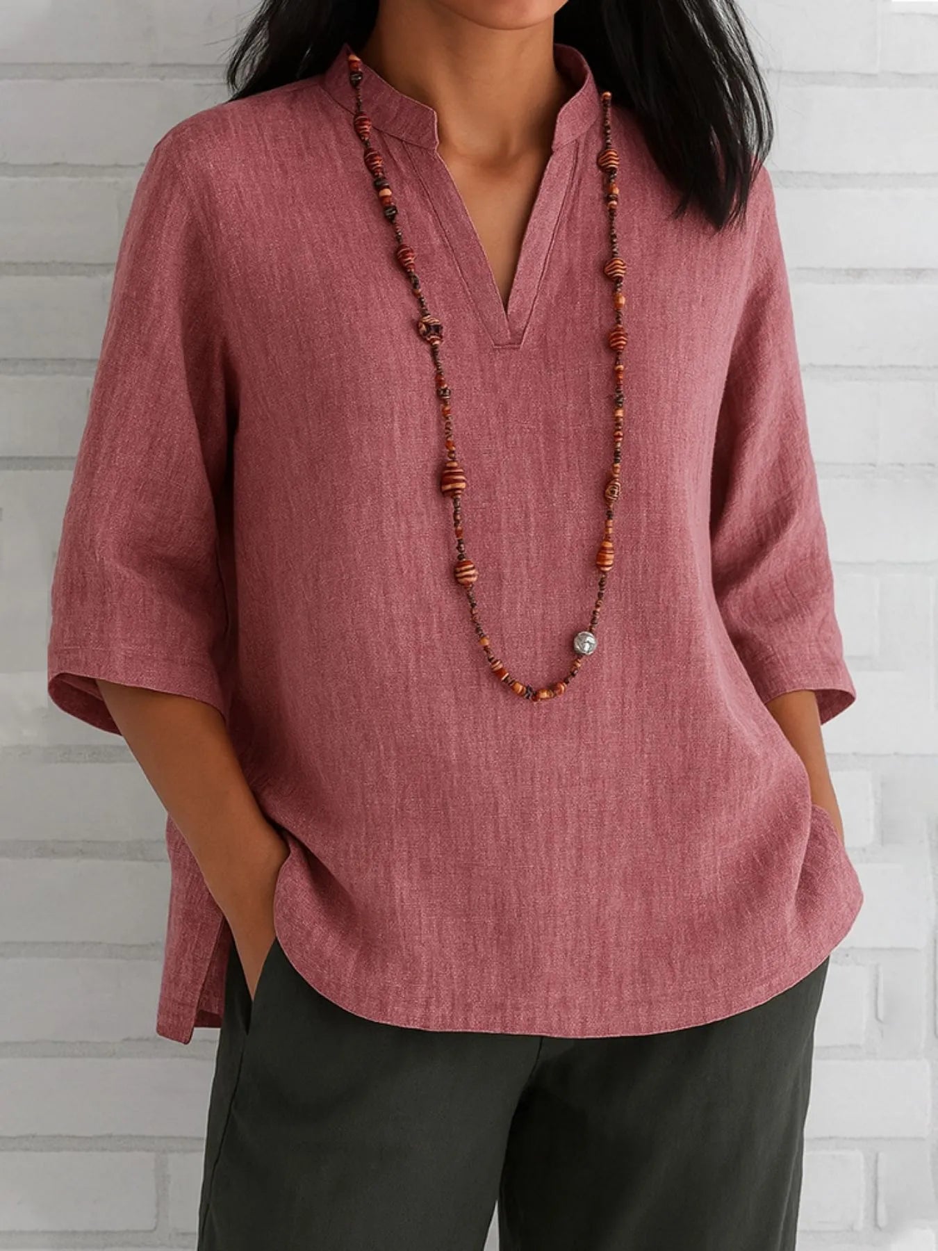 Full Size Notched Three-Quarter Sleeves Blouse Plus Size