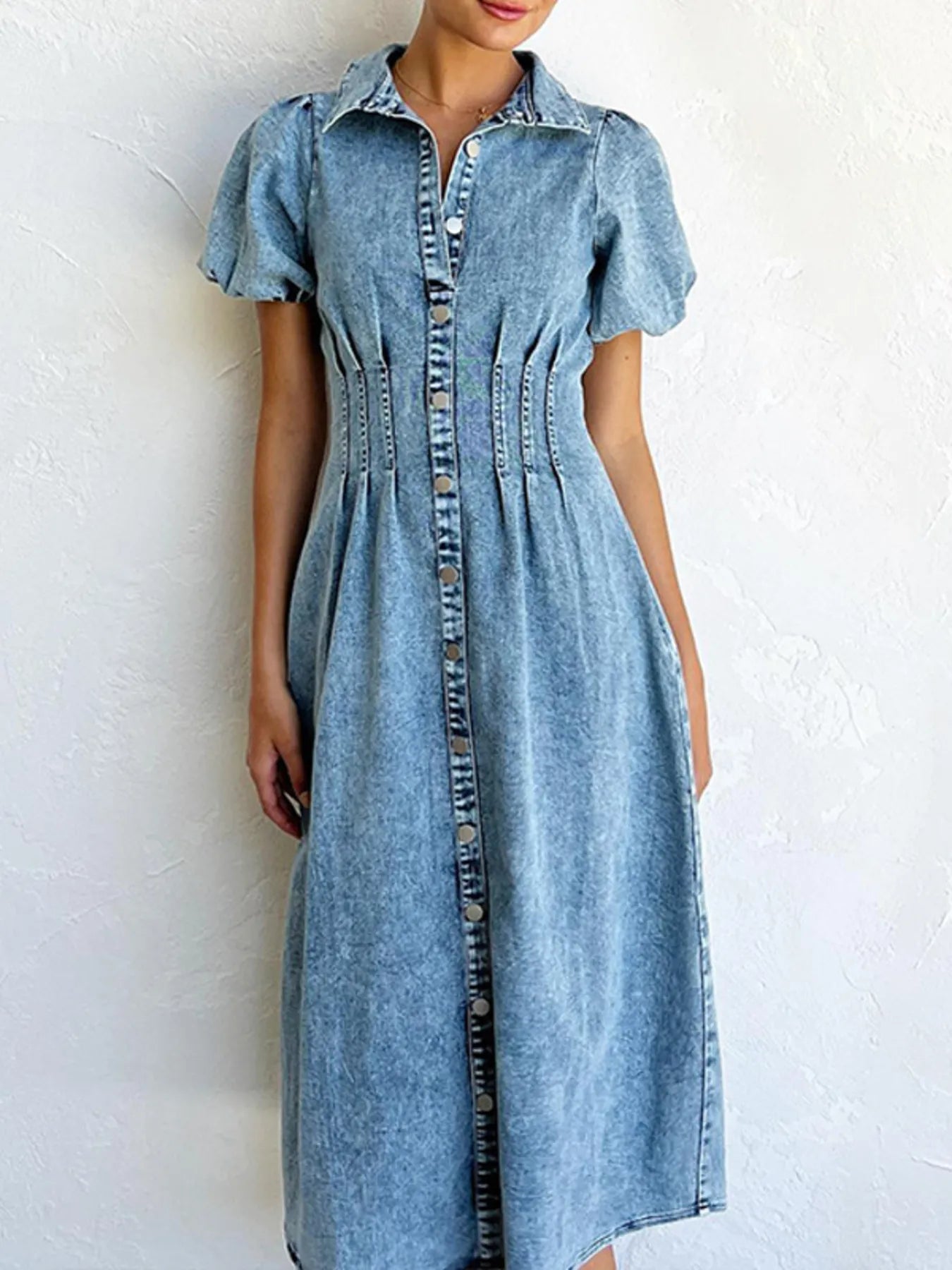 Puff Sleeve Button Front Denim Midi Dress