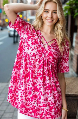 Heimish Full Size Short Sleeve Crisscross Animal Babydoll Top Plus Size - React Activewear