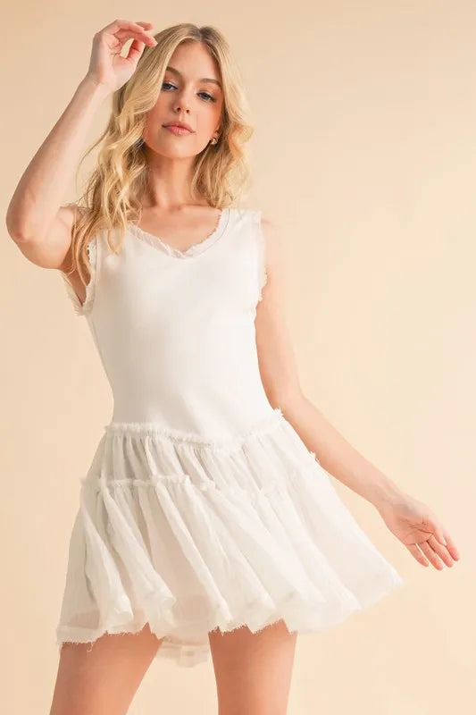 Aemi+Co Frill Sleeveless Drop Waist Mini Dress