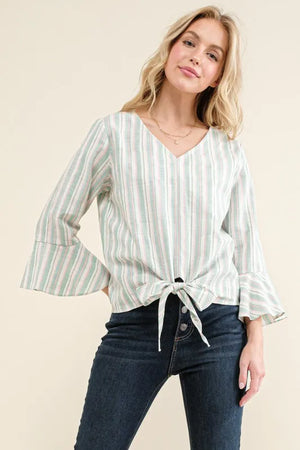 And The Why Stripe Tie Knot Front Bell Sleeve Top - React Activewear