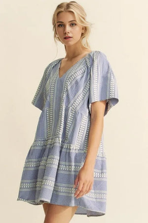 Davi & Dani Embroidered Stripe Ruffled Gingham Mini Dress - React Activewear