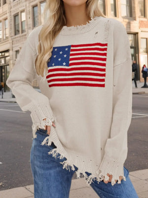 US Flag Distressed Round Neck Long Sleeve Sweater - React Activewear