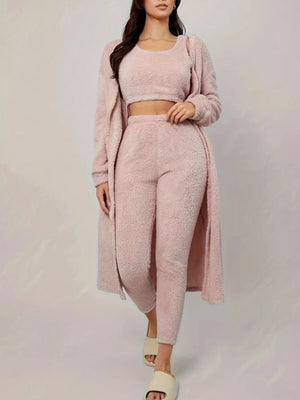 Fuzzy Tank Long Sleeve Cardigan and Pants 3-Piece Lounge Set - React Activewear