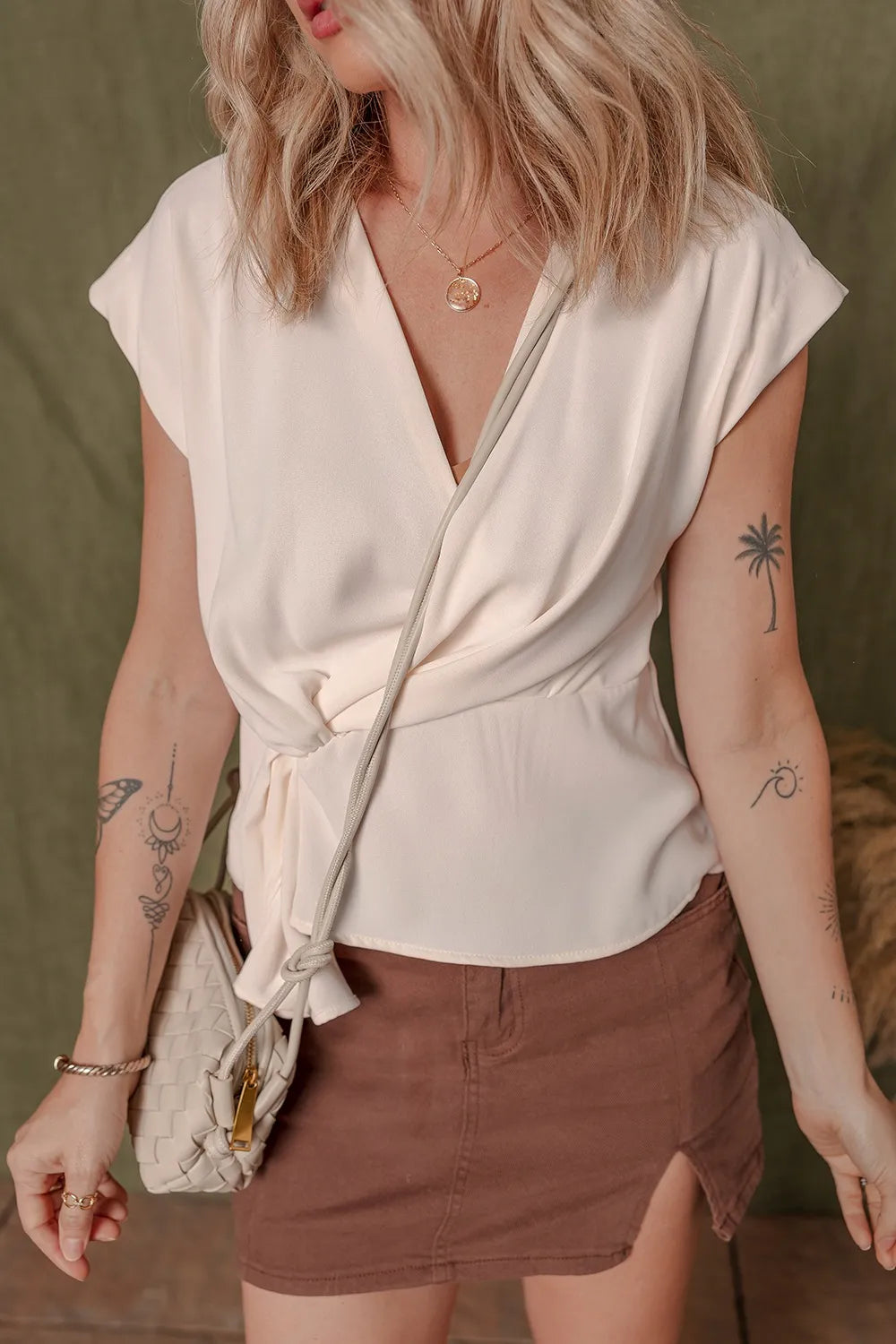 Surplice Knotted Ruched Cap Sleeve Blouse