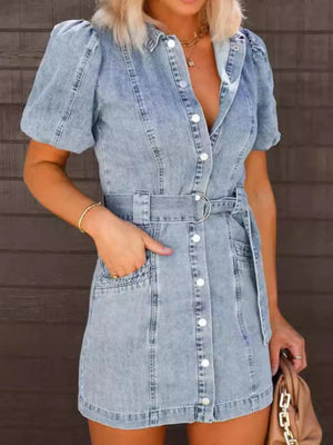 Button-Up Puff Sleeve Denim Shirt Dress - React Activewear