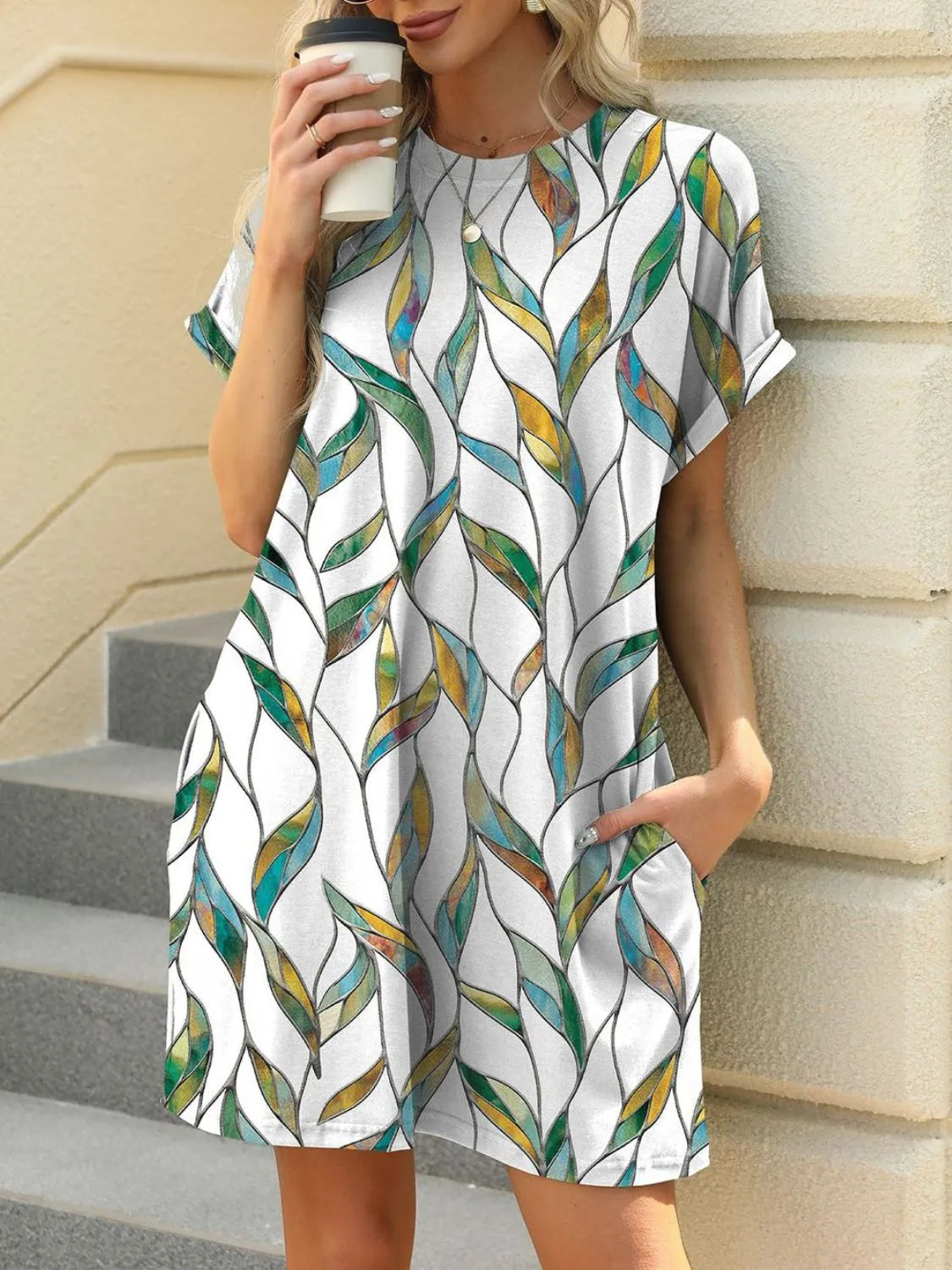 Printed Round Neck Short Sleeve Mini Dress