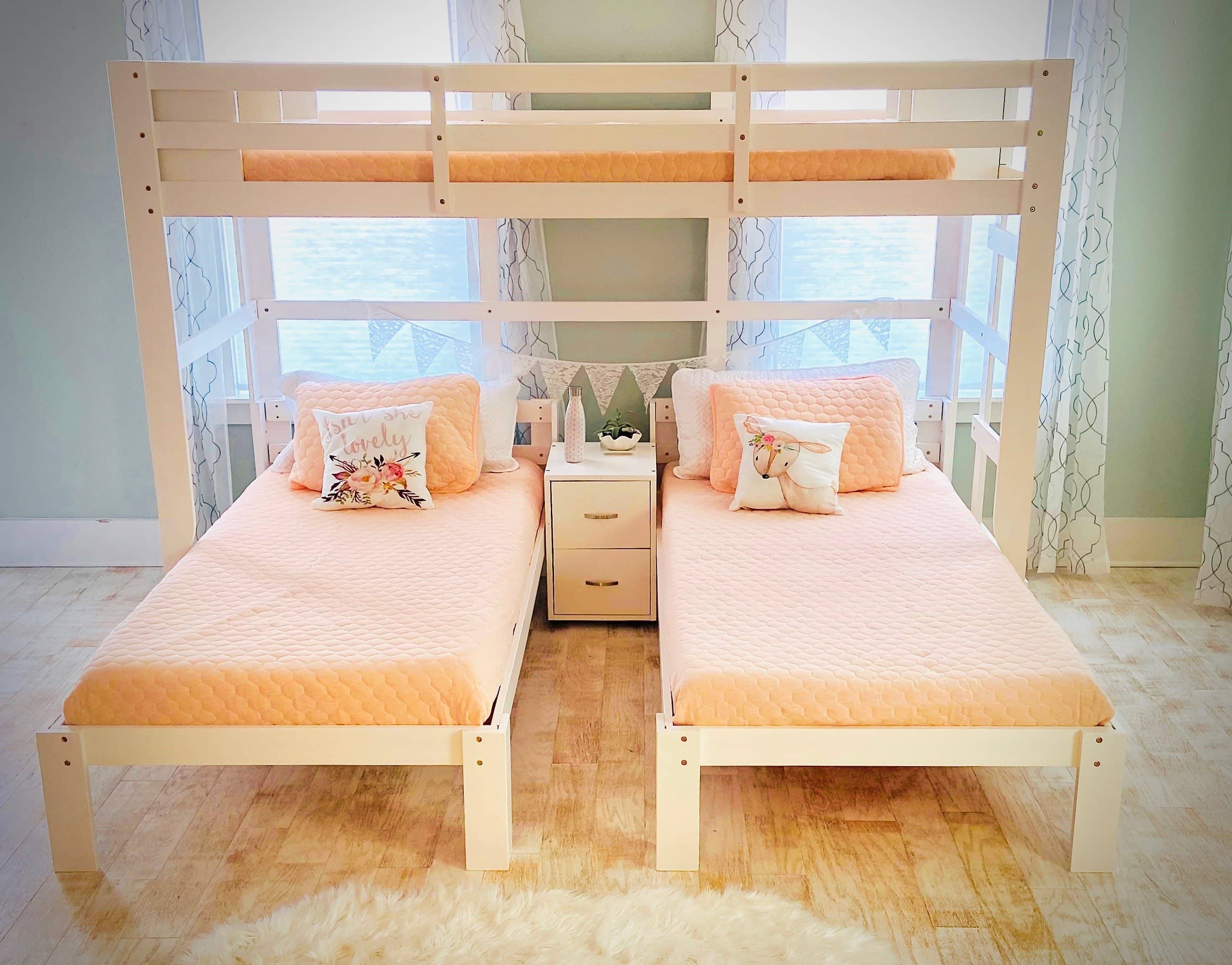 white triple bunk bed with storage
