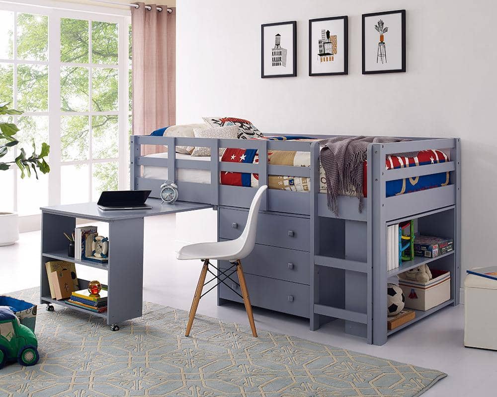 Caden Grey Twin Loft Bed With Desk Dresser Bookcase