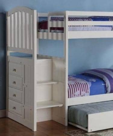 white full over full bunk beds with stairs