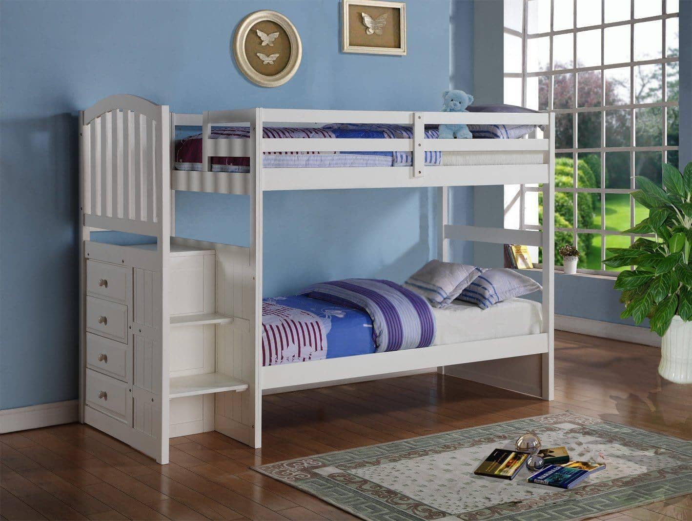 white twin over twin bunk bed with stairs