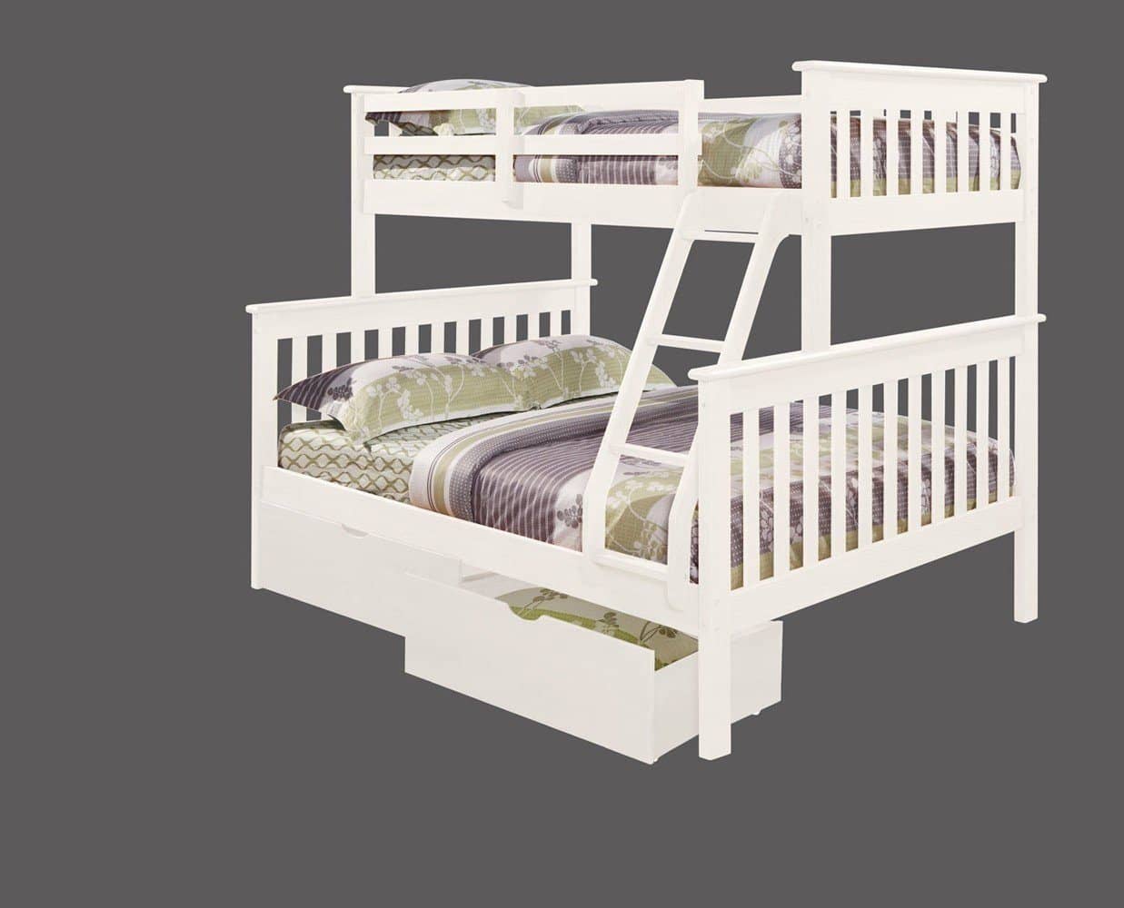 white wooden bunk beds with storage