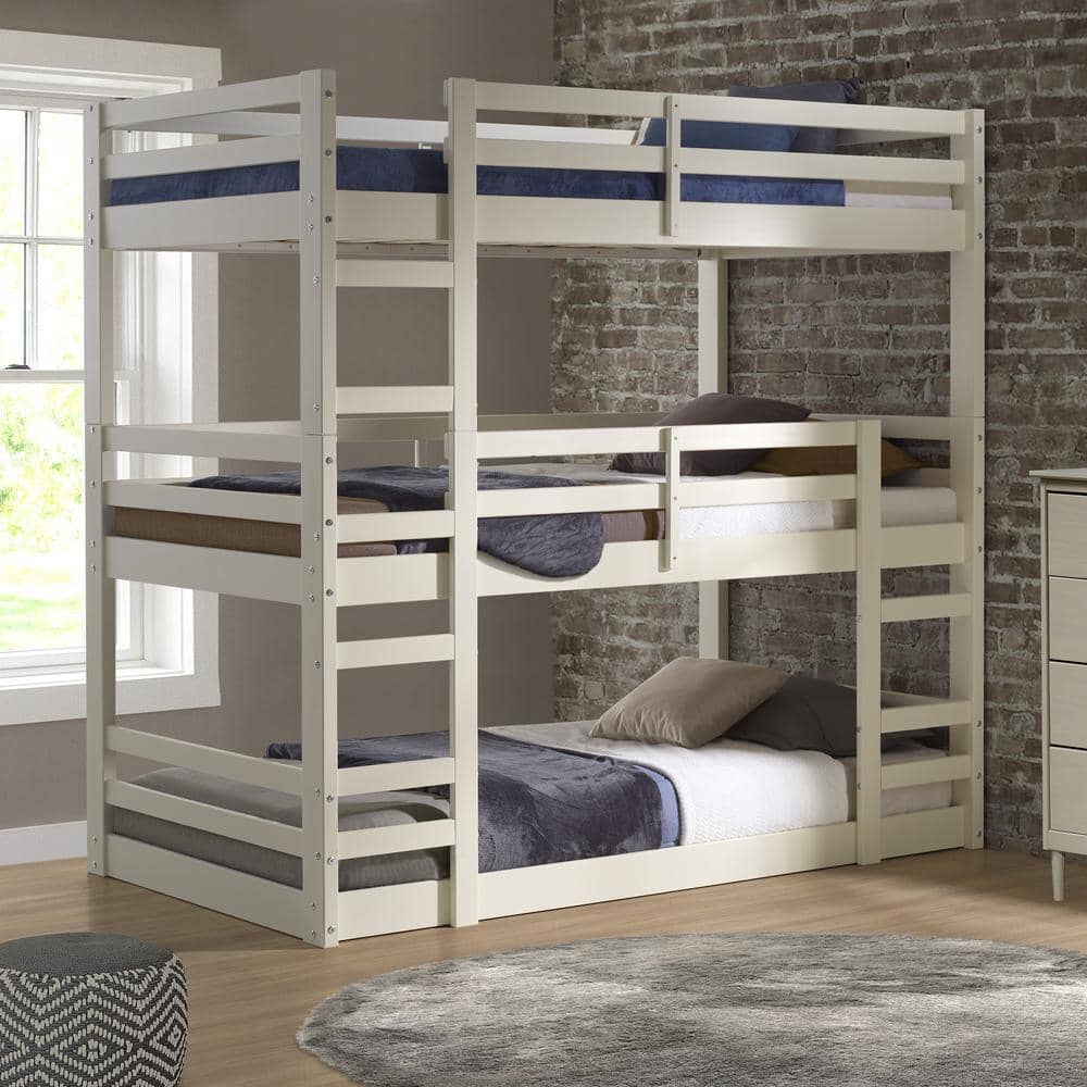 triple bunk bed with shelves