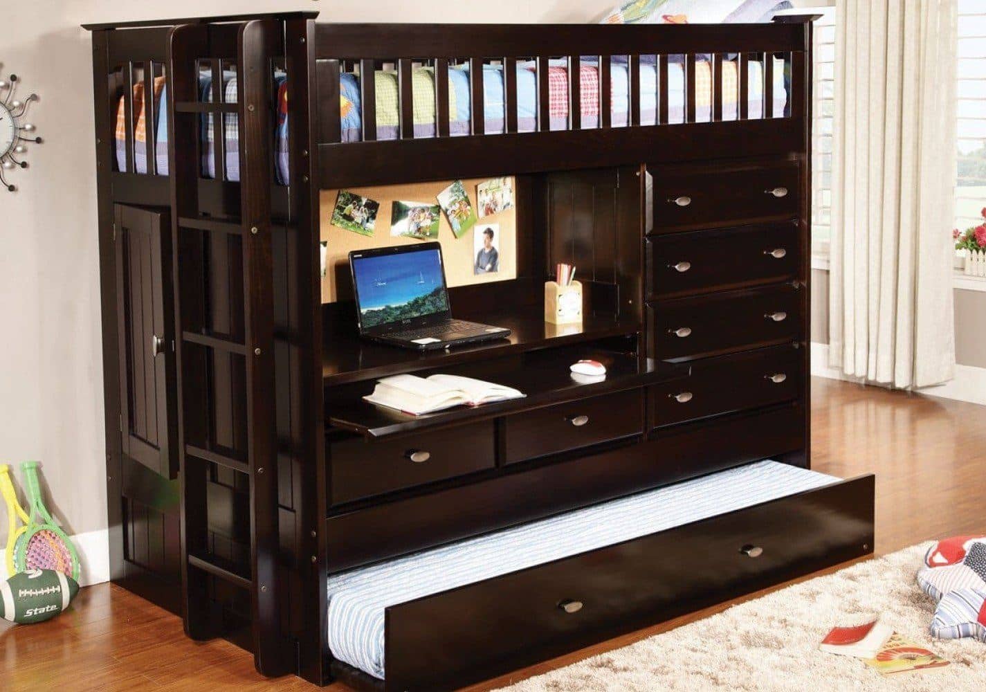 bunk bed with desk and dresser