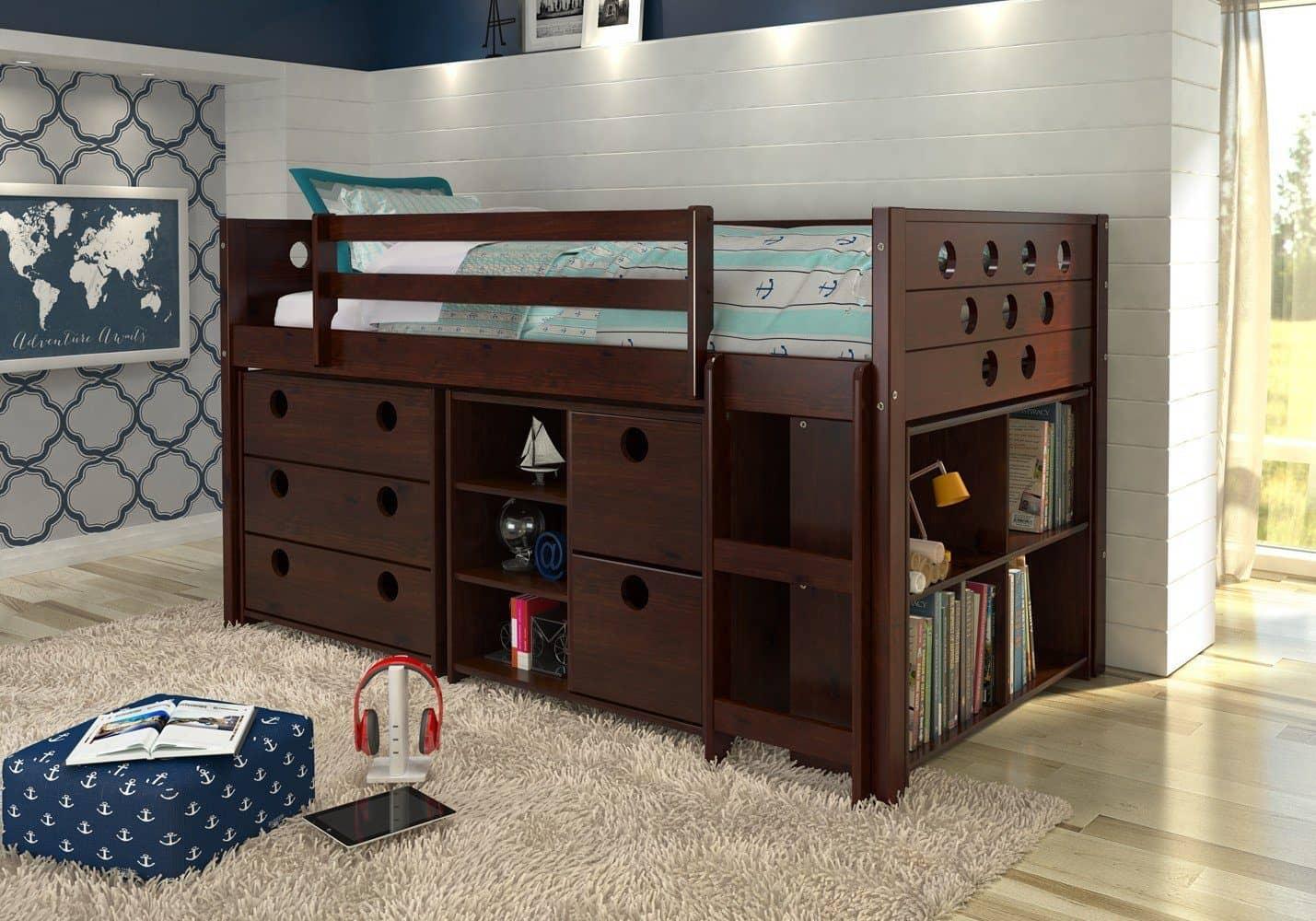 bunk beds with bookshelves