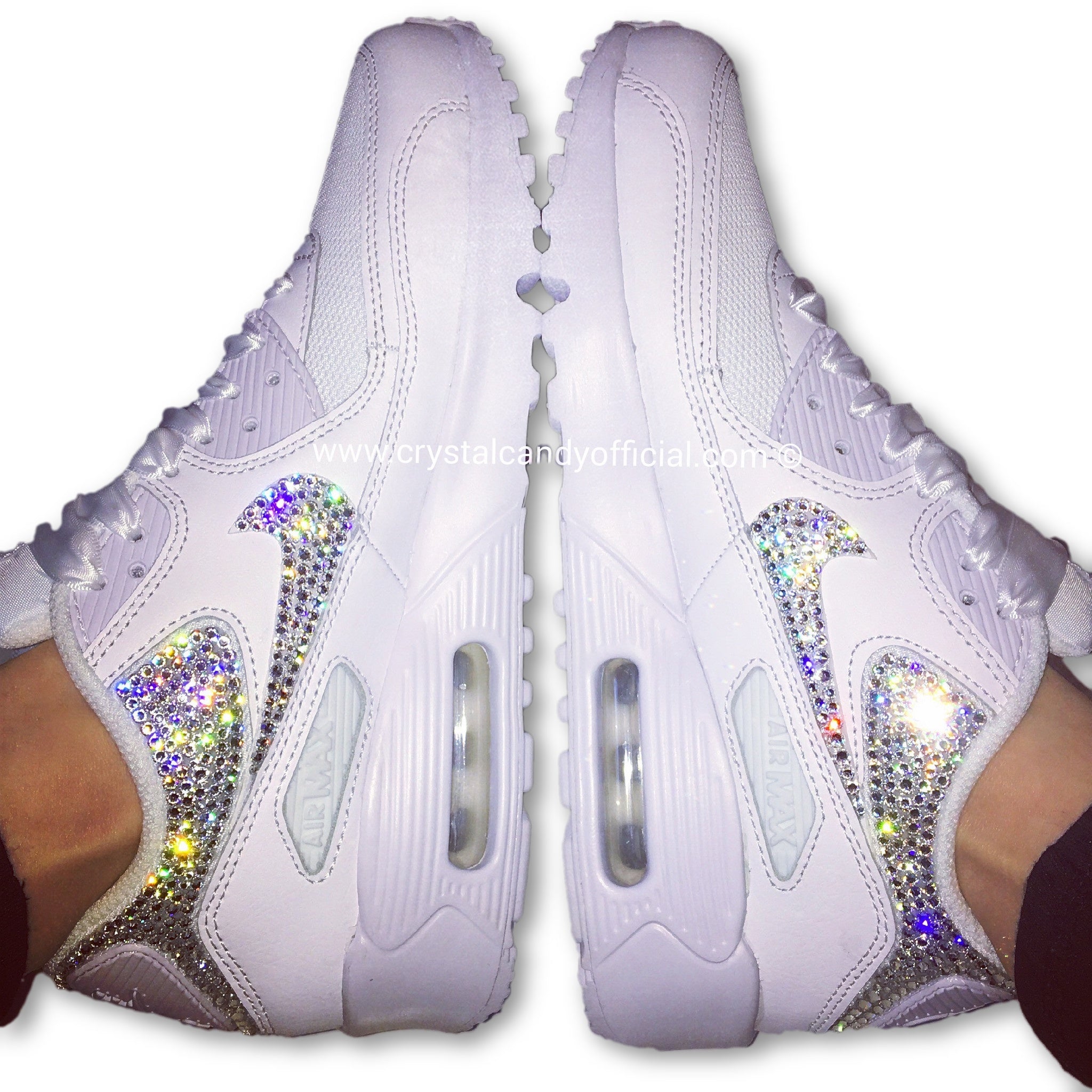 nike air max 90's in white with swarovski silver crystals