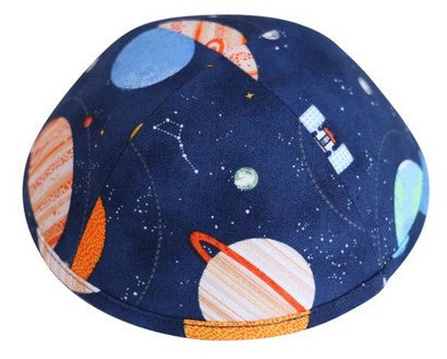 Sky blue Kippah with orange & blue planets, white stars & space ships.