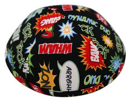 Dark black Kippah with colorful exciting artist renditions of action works like 'wham' & 'bang' displayed throughout.