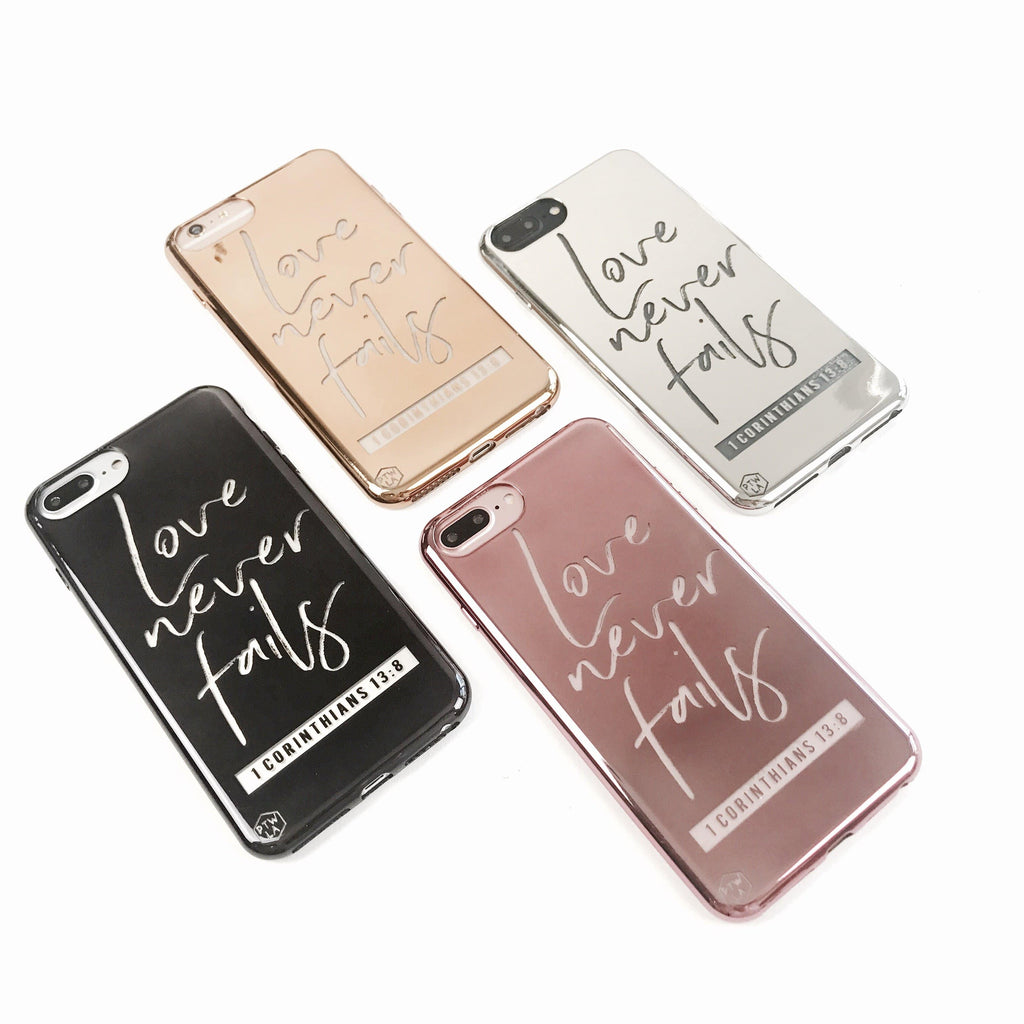 S216 Love Never Fails Shimmer Series Bible Verse Chrome Design Phone Case