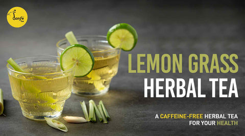 Two cups of lemon grass herbal tea with blog title