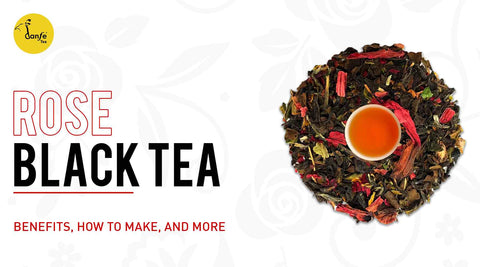 A circle of rose black tea leaves with blog title