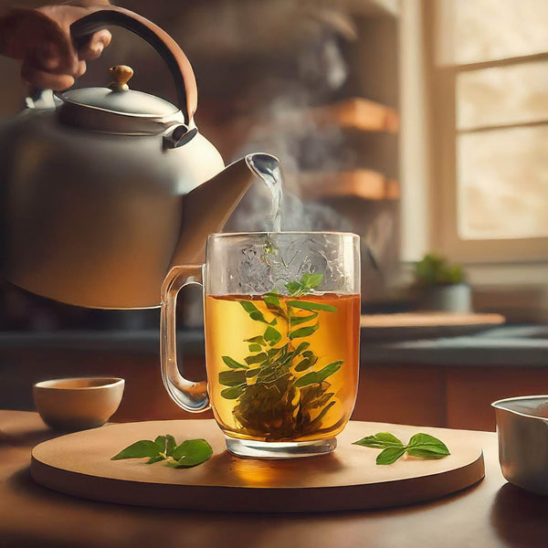 Steeping and pouring Tulsi (Herbal) Tea into the cup