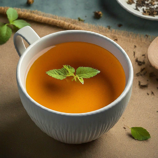 Tulsi Tea in a cup with tulsi leaf on top