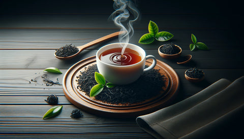 A black tea in a cup with leaves in the plate