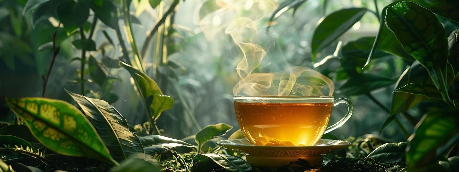 a steaming cup of vibrant green tulsi tea, infused with fresh lemongrass, sits elegantly against a backdrop of lush herbal leaves, radiating a soothing glow while highlighting the rejuvenating benefits for skin health.