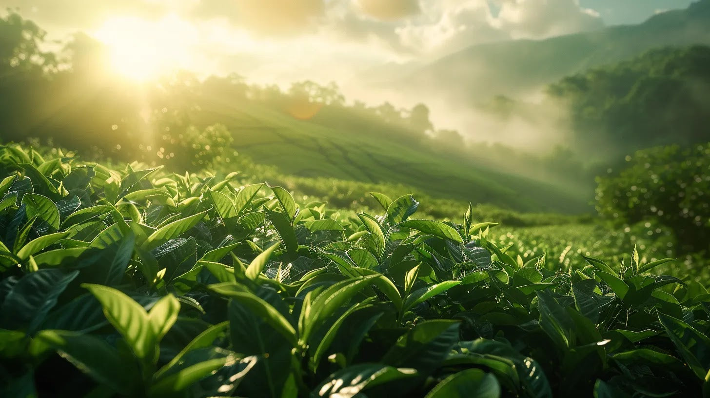 a vibrant tea garden in nepal, featuring lush green hills dotted with tea bushes, where delicate leaves glisten in the sunlight, symbolizing the country’s rich tea culture and its promising future in specialty tea exports.