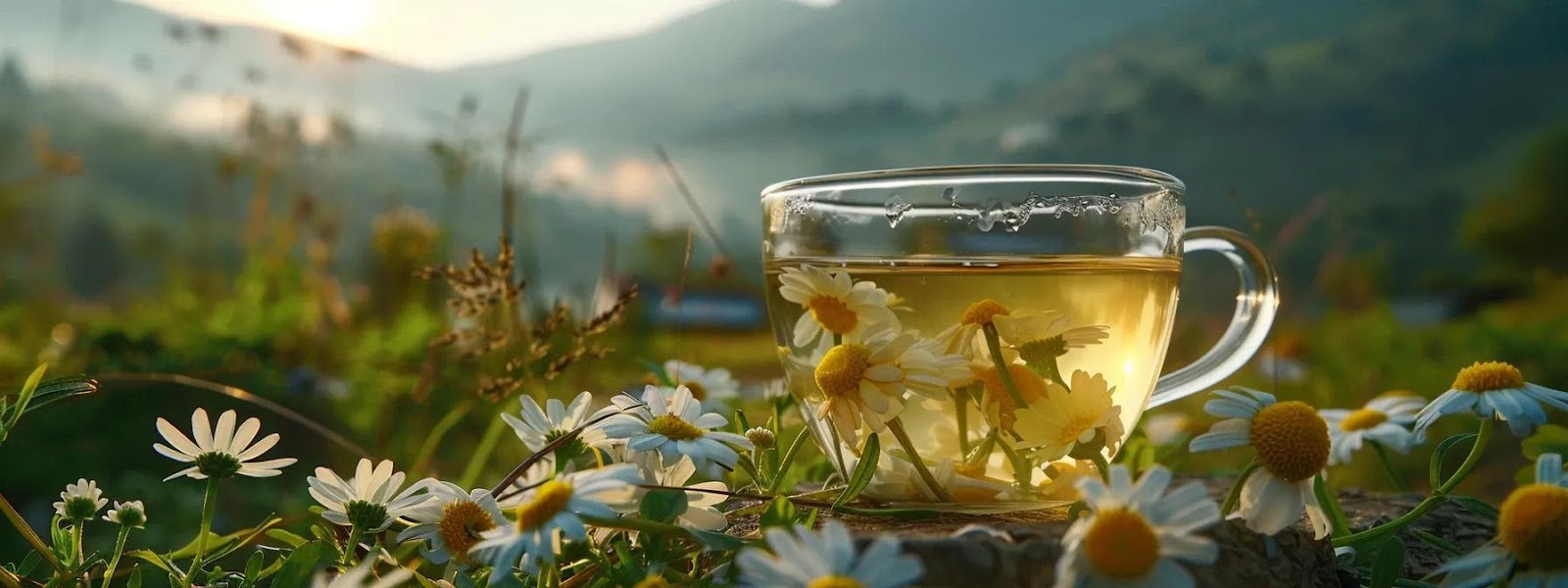 drinking chamomile tea in the mountains for sleep