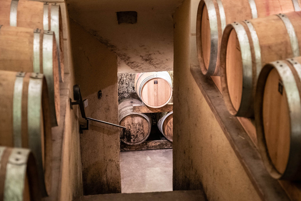 Wine fermenting in oak barrels in Domaine Jourdan’s private cellar