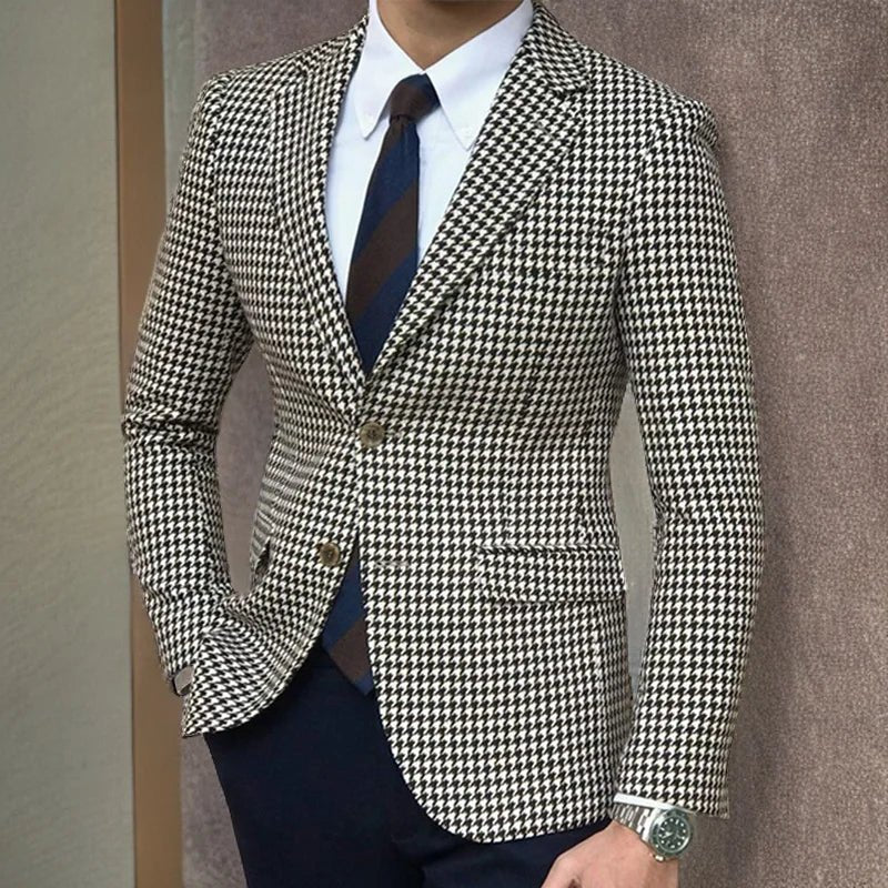 Houndstooth xadrez blazer para homens uma peça terno jaqueta com 2 fenda lateral fino ajuste casual casaco masculino roupas de moda 2023